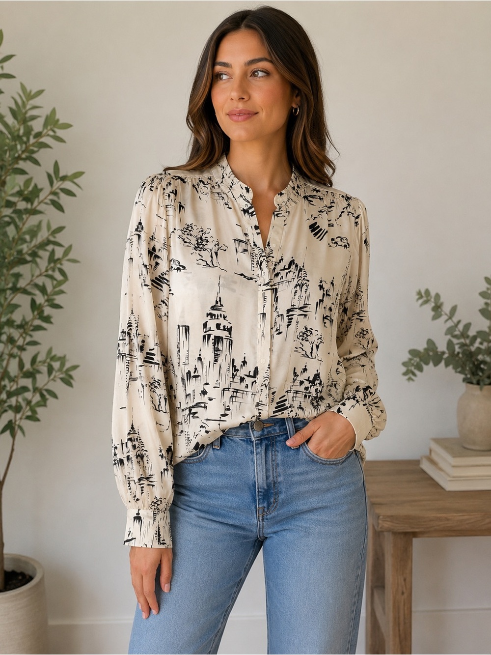 Elle Black & Cream Printed Button-Down Shirt
